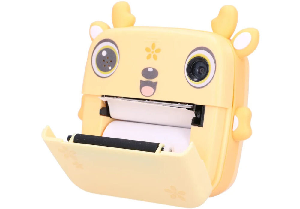 Drukarka EXTRALINK EPP-006 Złącze USB Żółty + Papier termiczny zwykły (3 szt.) Zbliżenie na aparat natychmiastowy z otwartą przednią klapką, pokazujące rolkę papieru termicznego wewnątrz wbudowany aparat połączenie z modułem drukującym eliminacja potrzeby przesyłania plików