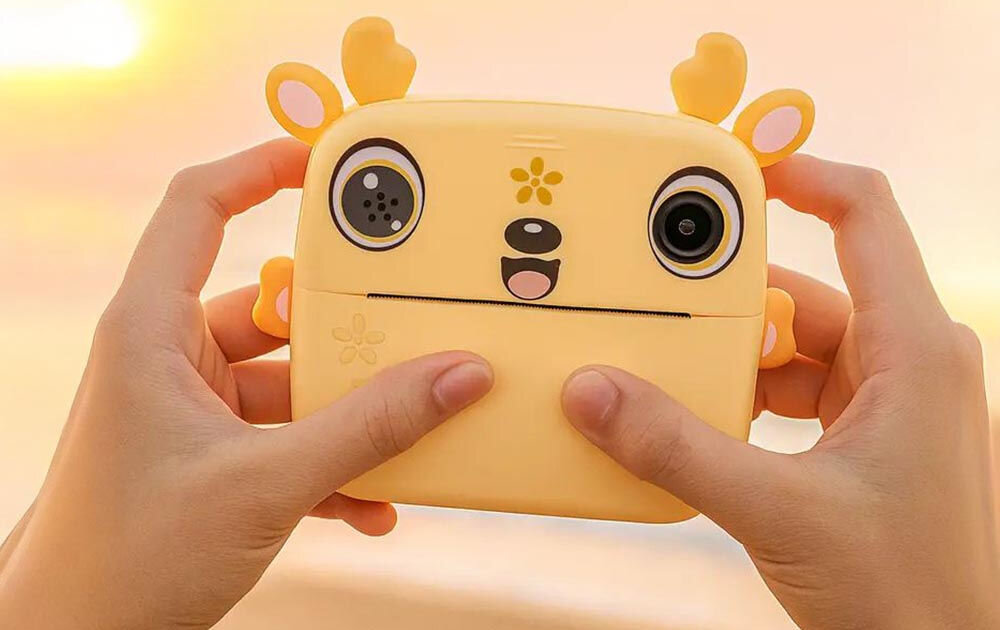 Drukarka EXTRALINK EPP-006 Złącze USB Żółty + Papier termiczny zwykły (3 szt.) Dłonie trzymające aparat natychmiastowy na tle plaży o zachodzie słońca pomoc w organizacji i nauce personalizowane etykiety na słoiki utrzymanie porządku personalizacja prezentów kreatywne działanie