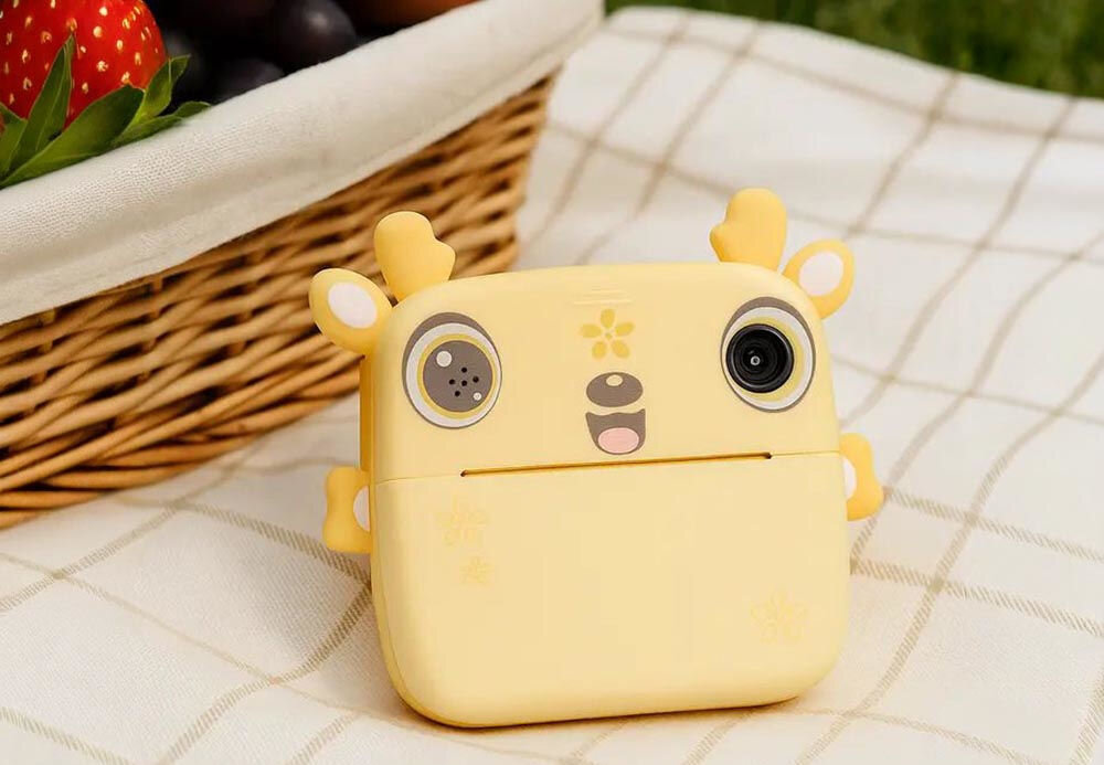 Drukarka EXTRALINK EPP-006 Złącze USB Żółty + Papier termiczny zwykły (3 szt.)  aparat natychmiastowy stojący na kocu piknikowym na trawie mobilność waga lekka budowa przenośny punkt drukowania druk w dowolnym miejscu i czasie dzielenie się wspomnieniami