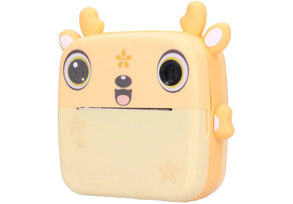 Drukarka EXTRALINK EPP-006 Złącze USB Żółty + Papier termiczny zwykły (3 szt.) aparat natychmiastowy lekko obrócony, na białym tle rozdzielczość prędkość druku tworzenie etykiet technologia termiczna nie generuje hałasu