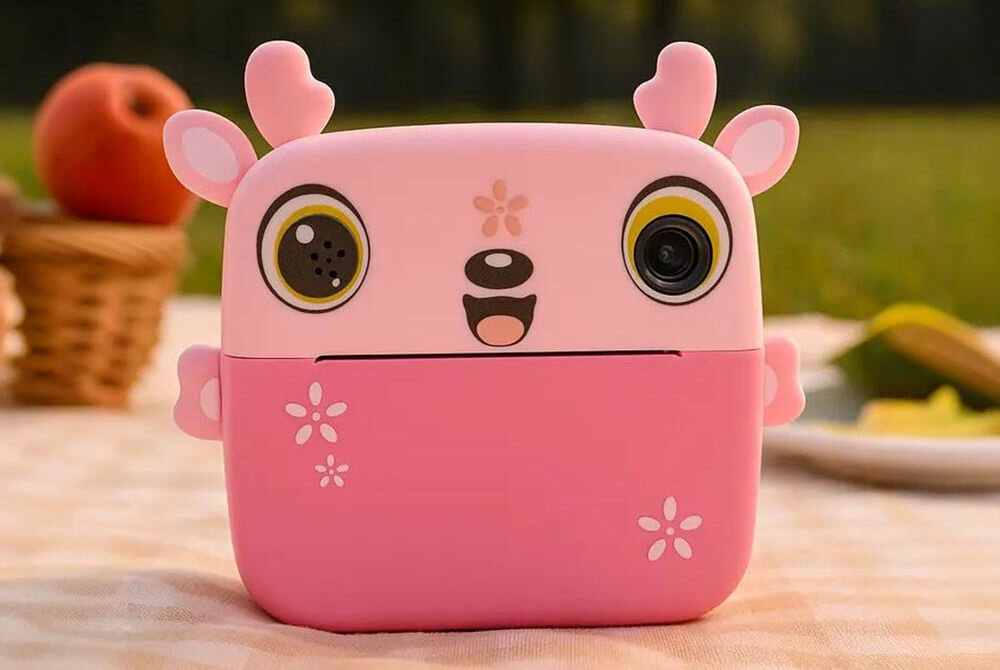 Drukarka EXTRALINK EPP-005 Złącze USB Różowy + Papier termiczny zwykły (3 szt.) aparat natychmiastowy stojący na kocu piknikowym na trawie, z koszykiem owoców w tle