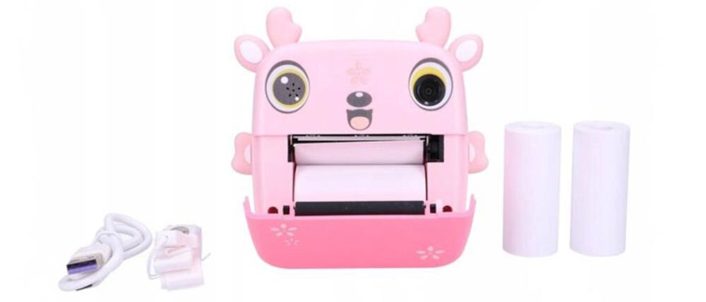 Drukarka EXTRALINK EPP-005 Złącze USB Różowy + Papier termiczny zwykły (3 szt.) Zestaw zawierający aparat natychmiastowy z otwartą klapką, kabel do ładowania oraz dwie zapasowe rolki papieru termicznego osobiste centrum kreatywności aparat kamera drukarka termiczna czarno-białe wydruki w zestawie trzy rolki papieru