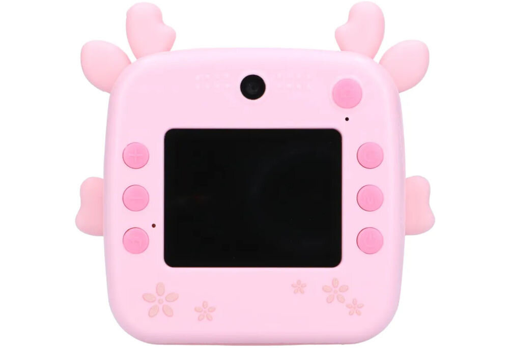 Drukarka EXTRALINK EPP-005 Złącze USB Różowy + Papier termiczny zwykły (3 szt.) Tylna część aparatu natychmiastowego, pokazująca duży ekran LCD i przyciski sterujące dedykowana aplikacja Android iOS tablet smartfon kreator rysunków edytor tekstów etykiety banery