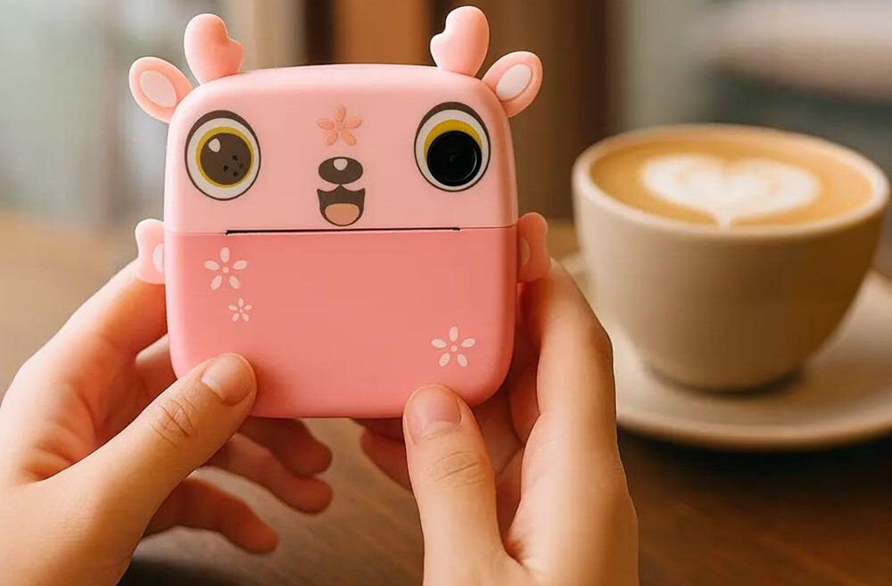 Drukarka EXTRALINK EPP-005 Złącze USB Różowy + Papier termiczny zwykły (3 szt.) Dłonie trzymające aparat natychmiastowy nad drewnianym stołem, obok filiżanki kawy z latte art pomoc w organizacji i nauce personalizowane etykiety na słoiki utrzymanie porządku personalizacja prezentów kreatywne działanie