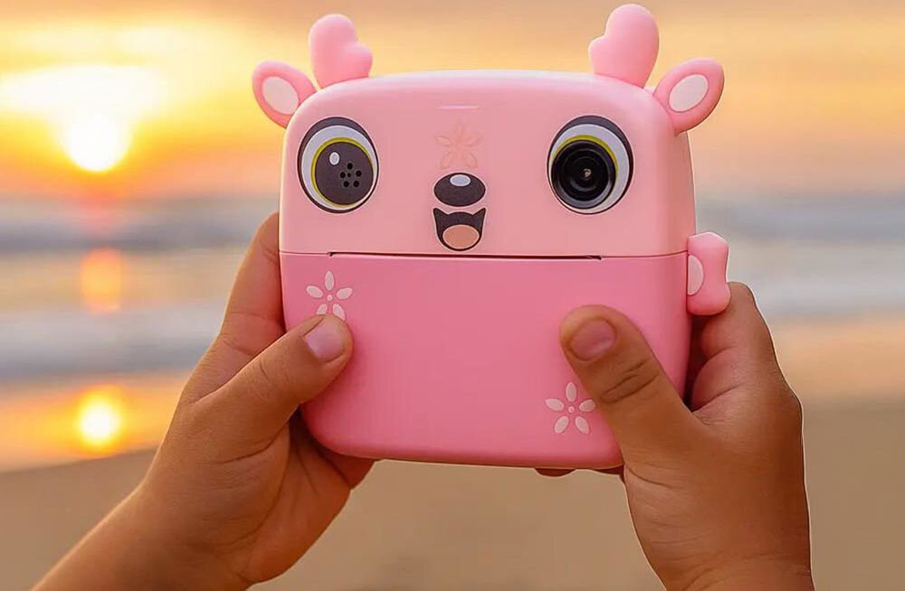 Drukarka EXTRALINK EPP-005 Złącze USB Różowy + Papier termiczny zwykły (3 szt.)  Dłonie trzymające aparat natychmiastowy na tle plaży o zachodzie słońca mobilność waga lekka budowa przenośny punkt drukowania druk w dowolnym miejscu i czasie dzielenie się wspomnieniami