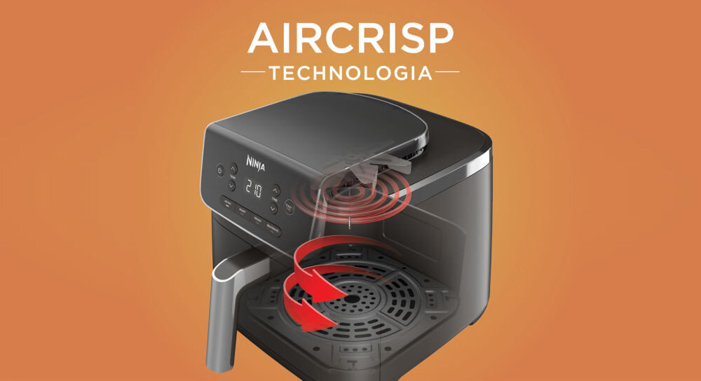 Air Fryer Frytkownica beztłuszczowa NINJA AF140EU pomarańczowe tło frytkownica czarna obudowa czerwone strzałki wewnątrz urządzenia Technologia AirCrisp powietrze o temperaturze do 210°C optymalna chrupkość oszczędność czasu i energii zużycie mniejszej ilości prądu funkcjonalność smak codzienna wygoda