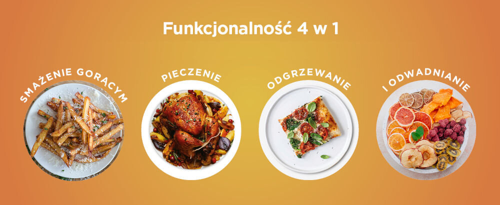 Air Fryer Frytkownica beztłuszczowa NINJA AF140EU pomarańczowe tło talerze na jednym frytki na drugim kurczak na trzecim ciasto na czwartym owoce warzywa dla każdego proste sterowanie cyfrowe 4 wszechstronne programy zdrowe wersje ulubionych dań soczyste kotlety aromatyczne warzywa kurczak suszenie owoców warzyw ziół odgrzewanie potraw optymalny smak chrupkość kompaktowe urządzenie