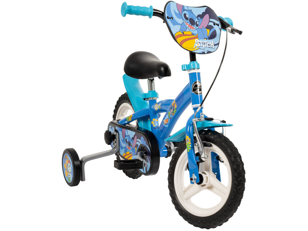 Rower dziecięcy HUFFY Stitch 22864W 12 cali Niebieski rower na białym tle widoczny od przodu pod skosem dla dzieci od 3 roku życia trwałość wytrzymałość mocna konstrukcja kolorowa grafika wizerunek Stitcha