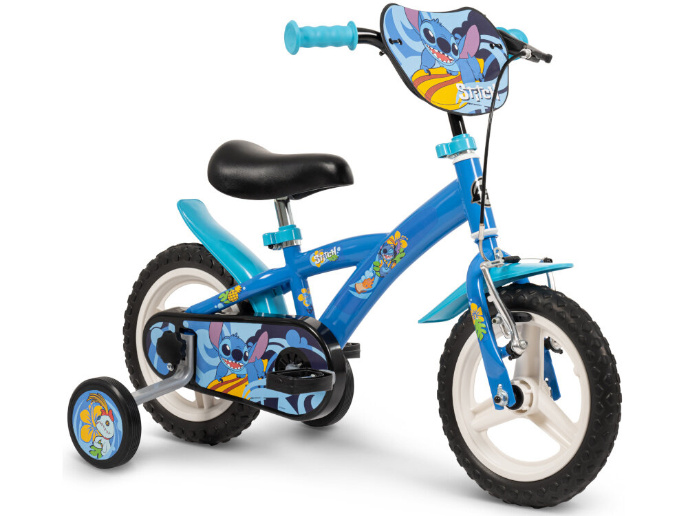 Rower dziecięcy HUFFY Stitch 22864W 12 cali Niebieski rower widoczny od przodu pod skosem zdjęcie na białym tle koła z pianki EVA w rozmiarze 12 cali obręcze z wysokiej jakości tworzywa sztucznego dobra przyczepność zachowanie regularnego kształtu kół stabilne trzymanie opony bezpieczna jazda błotniki elegancki osłaniają odzież wygląd regularne sprawdzanie ciśnienia powietrza wartość na bocznej części opony