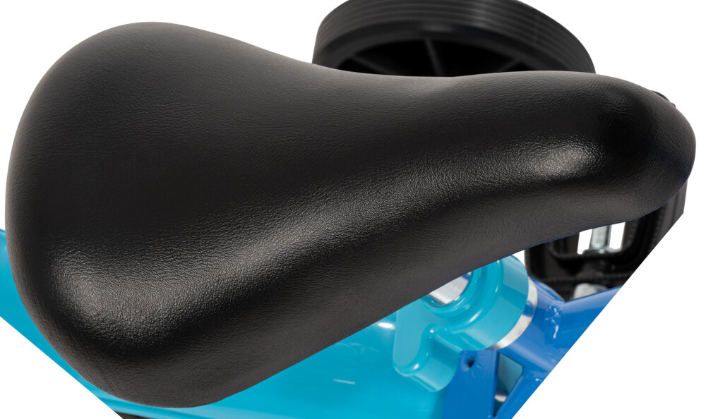 Rower dziecięcy HUFFY Stitch 22864W 12 cali Niebieski zbliżenie na siodełko zdjęcie na białym tle wygodne dobrze wyprofilowane siodełko regulacja wysokości w zakresie od 37 do 41 cm rower „rośnie” razem z dzieckiem zachowanie ergonomicznej pozycji bezpieczeństwo komfort
