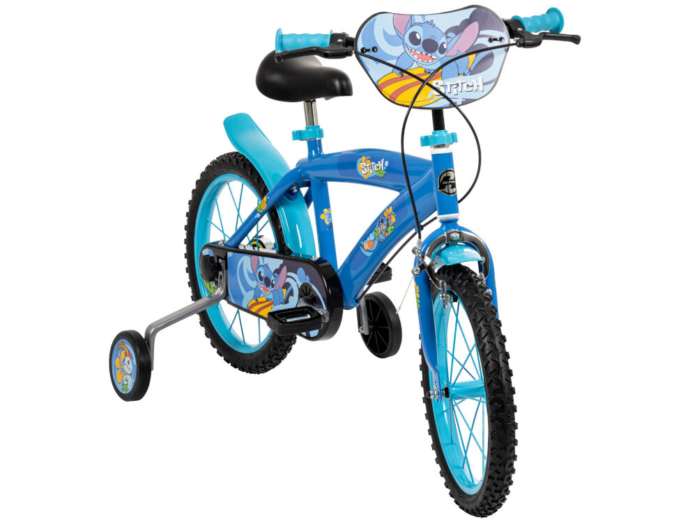 Rower dziecięcy HUFFY Stitch 21984W 16 cali Niebieski rower na białym tle widoczny od przodu pod skosem dla dzieci w wieku od 5 do 7 lat trwałość wytrzymałość mocna konstrukcja kolorowa grafika wizerunek Stitcha