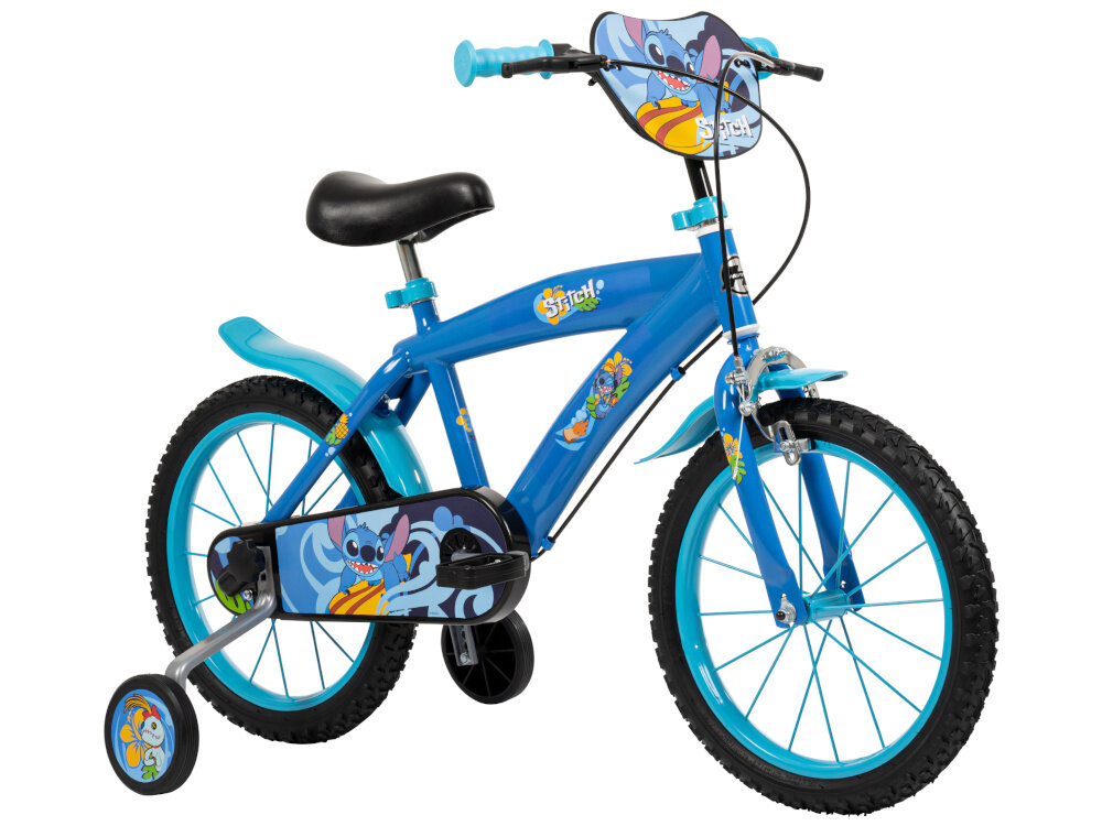 Rower dziecięcy HUFFY Stitch 21984W 16 cali Niebieski rower widoczny od przodu pod skosem zdjęcie na białym tle koła z pianki EVA w rozmiarze 16 cali obręcze z wysokiej jakości tworzywa sztucznego dobra przyczepność zachowanie regularnego kształtu kół stabilne trzymanie opony bezpieczna jazda błotniki elegancki osłaniają odzież wygląd regularne sprawdzanie ciśnienia powietrza wartość na bocznej części opony