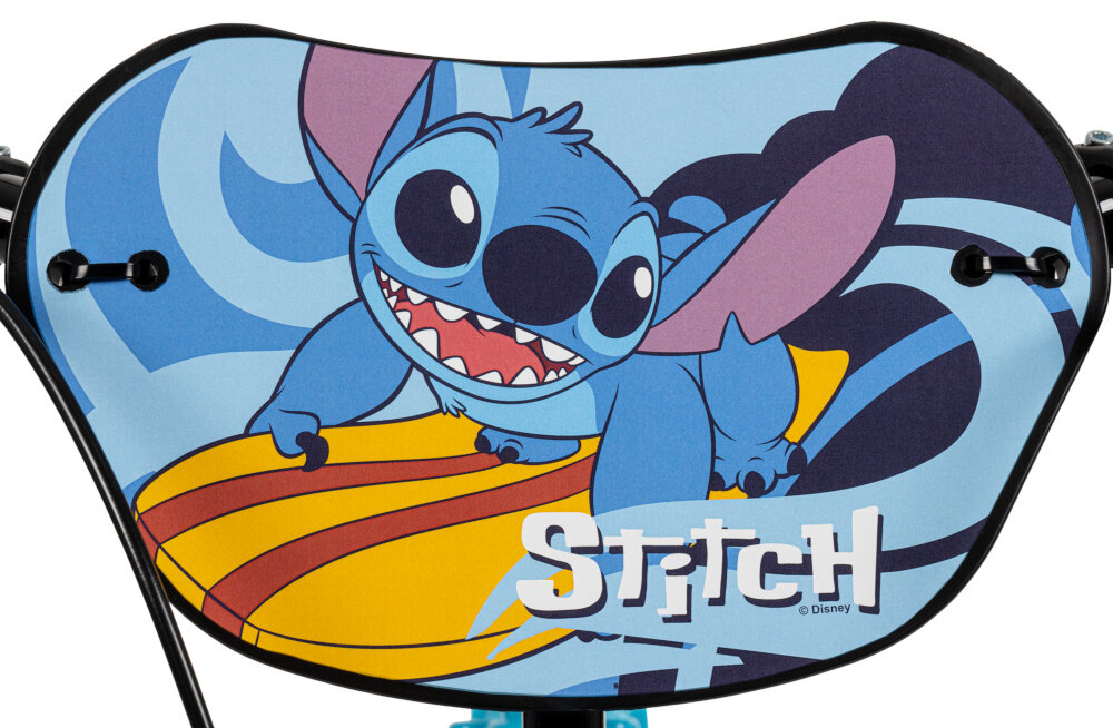 Rower dziecięcy HUFFY Stitch 21984W 16 cali Niebieski zbliżenie na kierownicę zdjęcie na białym tle brak uczucia dyskomfortu odpowiednia pozycja ciała uchwyty z antypoślizgowego materiału kolorowa plakietka z wizerunkiem słynnego Stitcha
