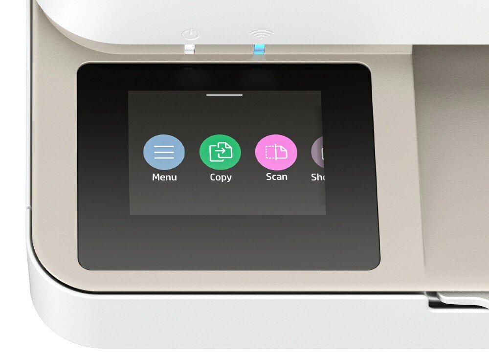 Urządzenie wielofunkcyjne HP ENVY 6520e przybliżenie na ekran dotykowy z widocznym menu z ikonami obsługa ekran przekątna