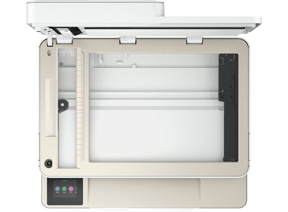 Urządzenie wielofunkcyjne HP ENVY 6520e widok od góry z otwartą klapą skanera rozdzielczość kopiowanie funkcje
