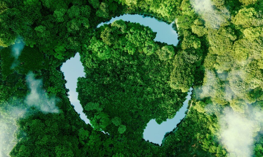 Urządzenie wielofunkcyjne HP ENVY 6520e obraz z widocznym od góry lasem ze znakiem oznaczającym recykling ekologia środowisko