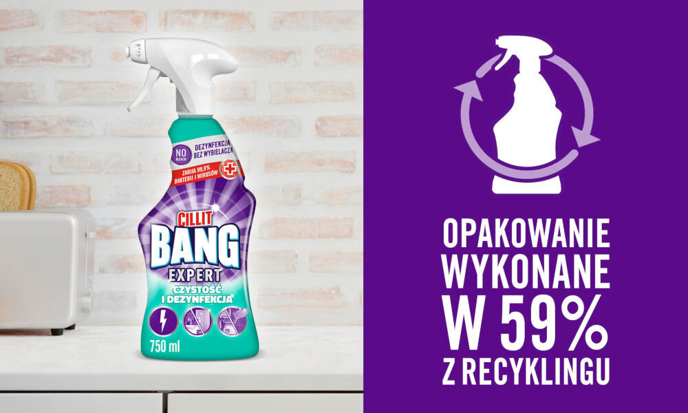 Płyn do czyszczenia CILLIT BANG Expert Czystość i Dezynfekcja 750 ml opakowanie wykonane w 59% z recyklingu