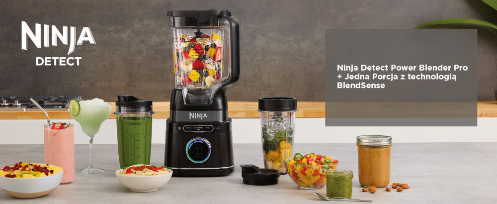 Blender kielichowy NINJA Detect Power Pro TB301EU + 2 bidony w komplecie blender czarna obudowa pojemnik bidony wewnątrz bidonów składniki napój w szklance potrawy w miskach