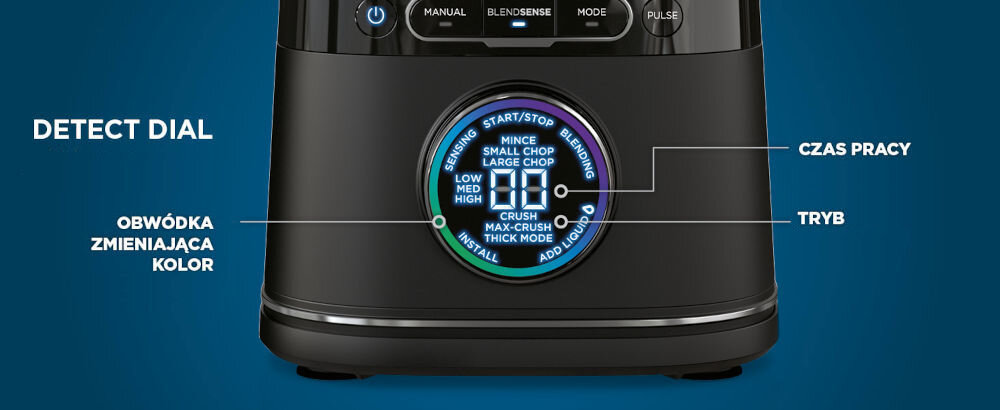 Blender kielichowy NINJA Detect Power Pro TB301EU + 2 bidony w komplecie niebieskie tło czarna obudowa okrągły wyświetlacz przyciski kolorowy pasek Pokrętło z precyzyjnym wyświetlaczem wskaźnik trybu pracy wygodna intuicyjna obsługa urządzenia czytelne informacje na ekranie dostosowanie parametrów pracy ergonomiczna konstrukcja pokrętła szybkie płynne zmiany ustawień komfort codziennego użytkowania wysoka efektywność pracy urządzenia