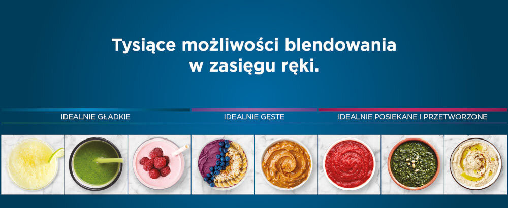 Blender kielichowy NINJA Detect Power Pro TB301EU + 2 bidony w komplecie niebieskie tło różne potrawy o różnych kolorach i gęstościach soki pesto smoothie sosy hummus pełna elastyczność użytkowania 6 automatycznych programów kruszenie lodu drobne siekanie manualne ustawienia prędkości obrotów ostrzy i czasu miksowania przygotowywanie posiłków i koktajli o różnej teksturze