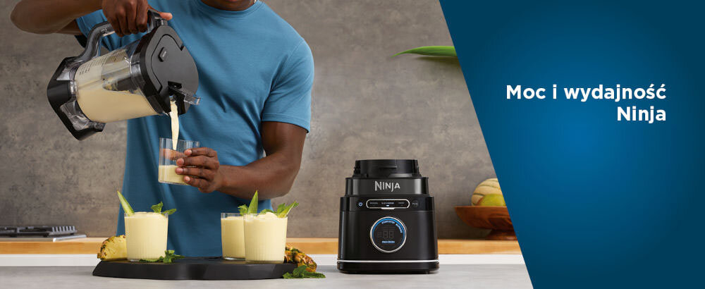 Blender kielichowy NINJA Detect Power Pro TB301EU + 2 bidony w komplecie blender czarna podstawa wyświetlacz osoba wlewa z dzbanka do szklanek jasny napój Ostrza NINJA Total Crushing & Chopping kruszenie lodu dokładne siekanie warzyw jedwabiście gładkie kremowe zupy pożywne koktajle na śniadanie orzeźwiające napoje na wieczór wydajność zdrowe posiłki komfort użytkowania optymalne efekty proste szybkie codzienne gotowanie