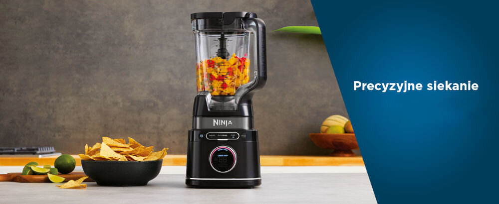 Blender kielichowy NINJA Detect Power Pro TB301EU + 2 bidony w komplecie blender stoi na blacie wyświetlacz przyciski kielich wewnątrz składniki do miksowania bez męczącego siekania oszczędność czasu wysiłku w kuchni potężne ostrza precyzyjna praca posiekanie składników szybko łatwo bez bałaganu przyjemność przygotowywania składników