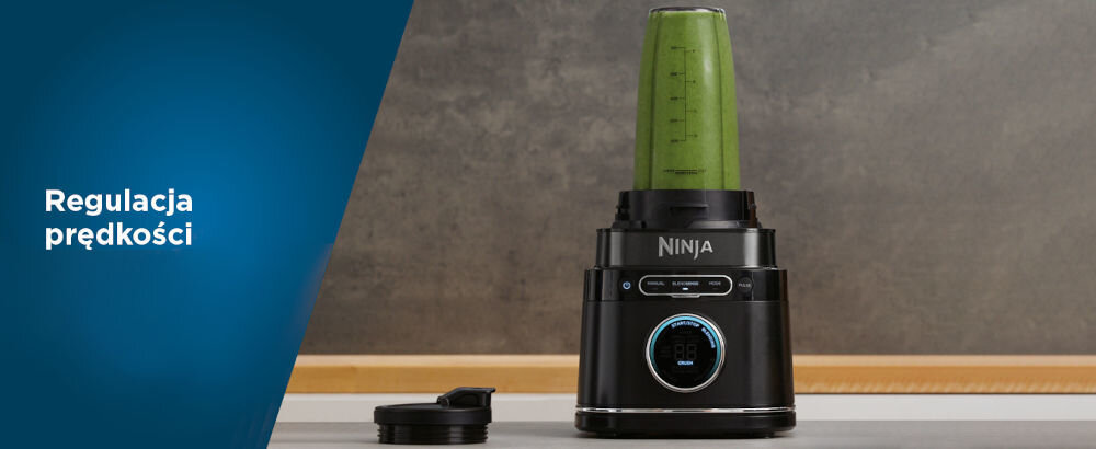 Blender kielichowy NINJA Detect Power Pro TB301EU + 2 bidony w komplecie blender czarna podstawa przyciski wyświetlacz zielony napój wewnątrz bidonu 10 poziomów prędkości precyzyjne dostosowanie pracy urządzenia wybór odpowiedniej prędkości gładka jednolita konsystencja koktajlu grubo zmiksowana pasta różne ustawienia dopasowanie intensywności miksowania zadowalający efekt w każdej sytuacji
