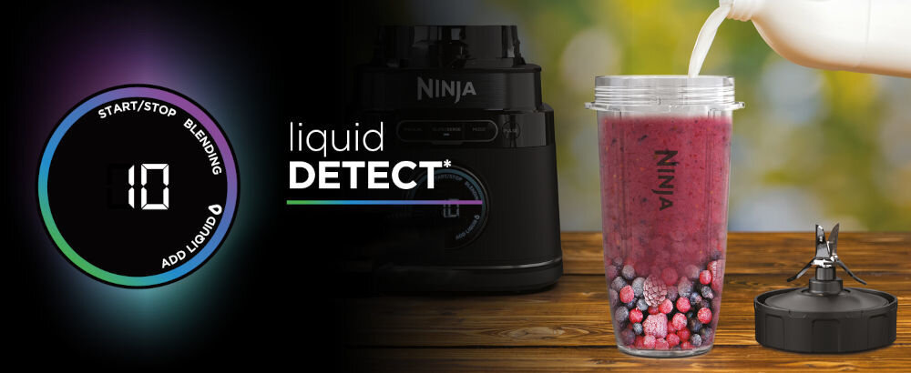 Blender kielichowy NINJA Detect Power Pro TB301EU + 2 bidony w komplecie czarna tło kolorowy okrągły panel wyświetlacz kubek mrożone owoce wlewanie mleka do kubka optymalny wynik funkcja powiadomienia gdy poziom płynu jest zbyt niski dodanie więcej płynu optymalna konsystencja funkcjonalność wygoda