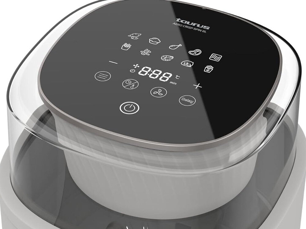 Air Fryer Frytkownica beztłuszczowa TAURUS EST9739900L 6l 10 automatycznych programów przezroczyste okienko 360° kontrola proces przygotowywanie podgląd Automatyczne mieszadełko równomiernie opieczone, chrupiące i smaczne