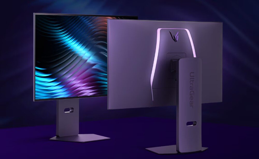 Monitor LG UltraGear 32GS95UV-B.AEU Widok monitora z przodu i z tyłu. Ekran z przodu wyświetla kolorową abstrakcję, a tył urządzenia podświetlony jest linią LED w kształcie litery 'V', wygląd, styl, podstawa, regulacja