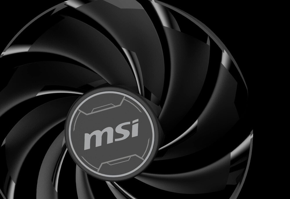 Karta graficzna MSI GeForce RTX 4070 Ventus 3X E1 12GB OC Zbliżenie na pojedynczy wentylator z widocznym logo 'msi' pośrodku czarnych łopatek, wentylatory, chłodzenie