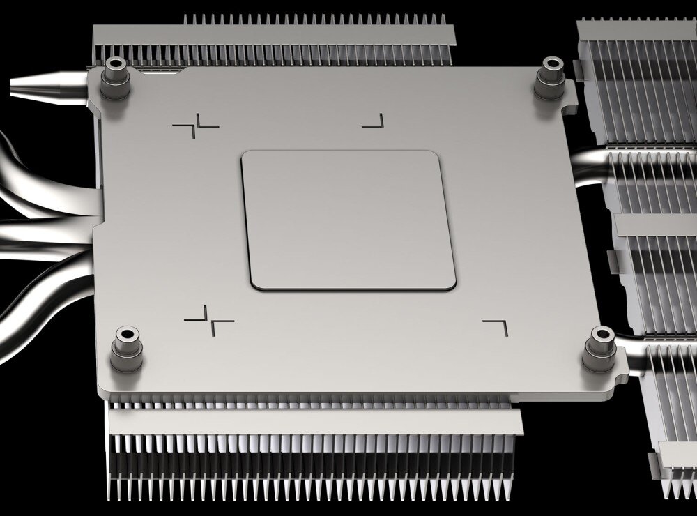 Karta graficzna MSI GeForce RTX 4070 Ventus 3X E1 12GB OC Metalowa płyta kontaktowa z czterema otworami montażowymi i przymocowanymi rurkami cieplnymi, stanowiąca element chłodzenia karty, radiator, ciepłowody