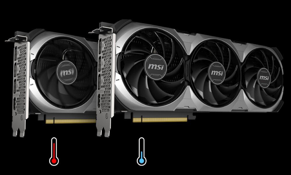 Karta graficzna MSI GeForce RTX 4070 Ventus 3X E1 12GB OC Dwie karty graficzne obok siebie, jedna z ciepłym kolorem wskaźnika pod spodem, druga z chłodnym kolorem, przedstawiające różnicę temperatur, głośność