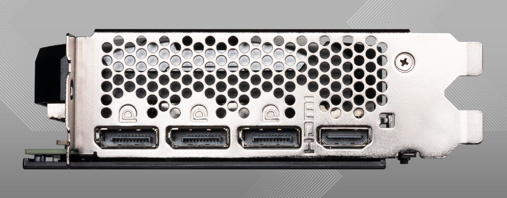 Karta graficzna MSI GeForce RTX 4070 Ventus 3X E1 12GB OC Tylny panel karty z trzema złączami DisplayPort i jednym HDMI oraz perforowaną osłoną w metalicznym kolorze, złącza, wyjścia, rozdzielczość