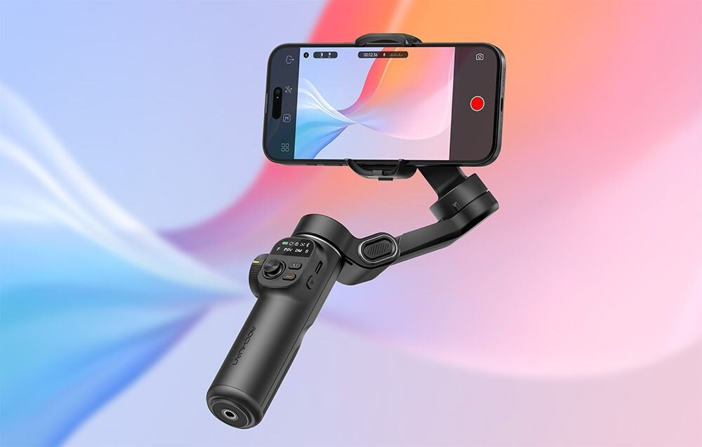 Składany gimbal do smartfona AOCHUAN X2 z rozłożonymi ramionami i panelem sterowania.