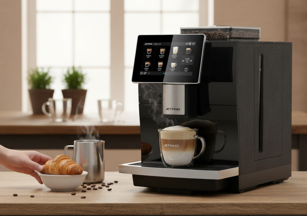 Ekspres JETINNO JL15 8 l Profesjonalny zdjęcie lifestyle  Świeże mleko i pianka cappuccino, latte macchiato czy flat white