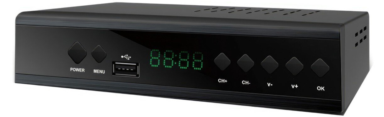 Dekoder EXTRALINK DVB-T2 HEVC H.265 funkcje PVR TIMESHIFT USB multimedia WiFi, dekoder po skosie na białym tle