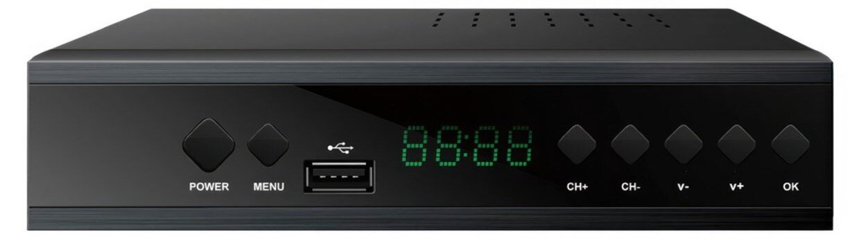 Dekoder EXTRALINK DVB-T2 HEVC H.265 wyświetlacz numeryczny pilot HDMI SCART łatwa obsługa, dekoder od frontu na białym tle