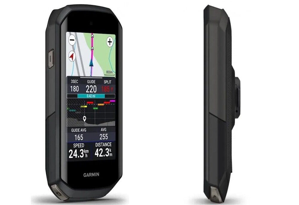Nawigacja rowerowa GARMIN EDGE 1050 3.5 010-02890-01 nawigacja na białym tle widoczna od przodu pod skosem i z boku włączony wyświetlacz ułatwia planowanie tras kontrolowanie postępów analizę jazdy duży 3,5-calowy ekran dotykowy nawigacja satelitarna Multi-GNSS precyzyjny kurs w zróżnicowanym terenie