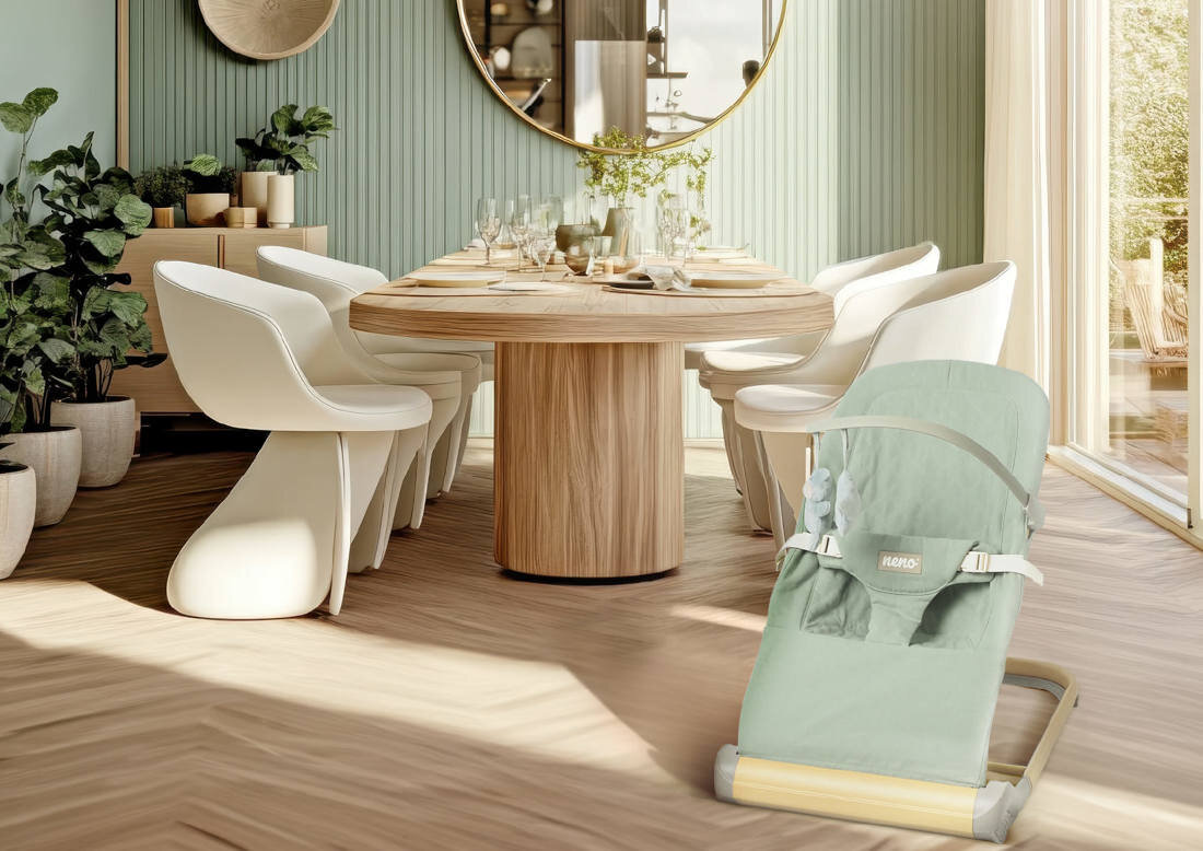 Leżaczek NENO Nesso Zielony skandynawski design zdrowy rozwój naturalna postawa stylowy element dekoracyjny Subtelne linie naturalne kolory