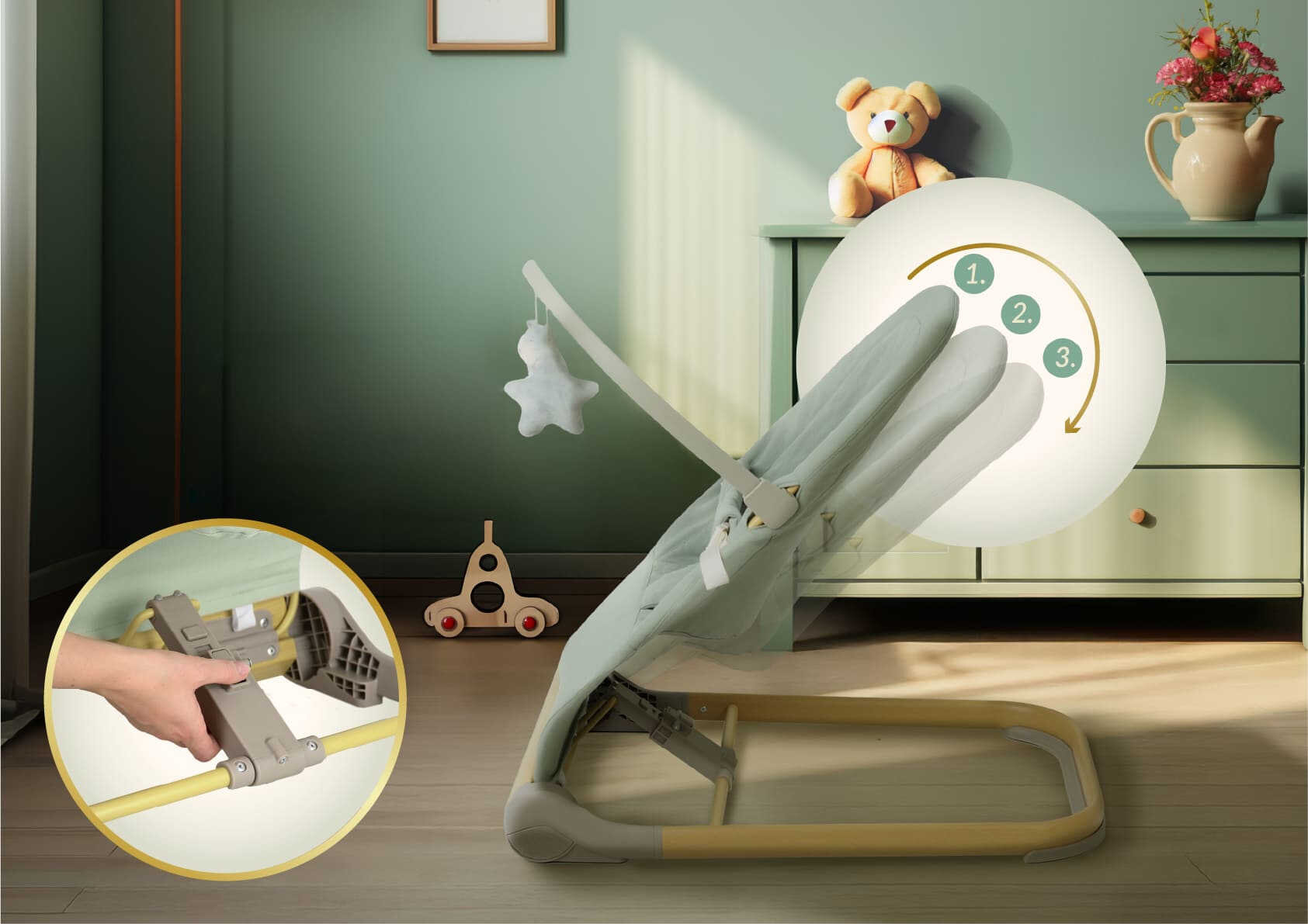 Leżaczek NENO Nesso Ciemnoszary 3-stopniowa konstrukcja drzemka obserwacja zabawa dostosowanie potrzeby