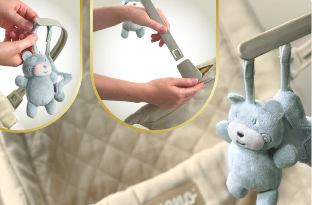 Leżaczek NENO Nesso Ciemnoszary Zdejmowane zabawki Kolorowe miękkie zawieszki ywaga wsparcie rozwój sensoryczny dostosowanie potrzeby