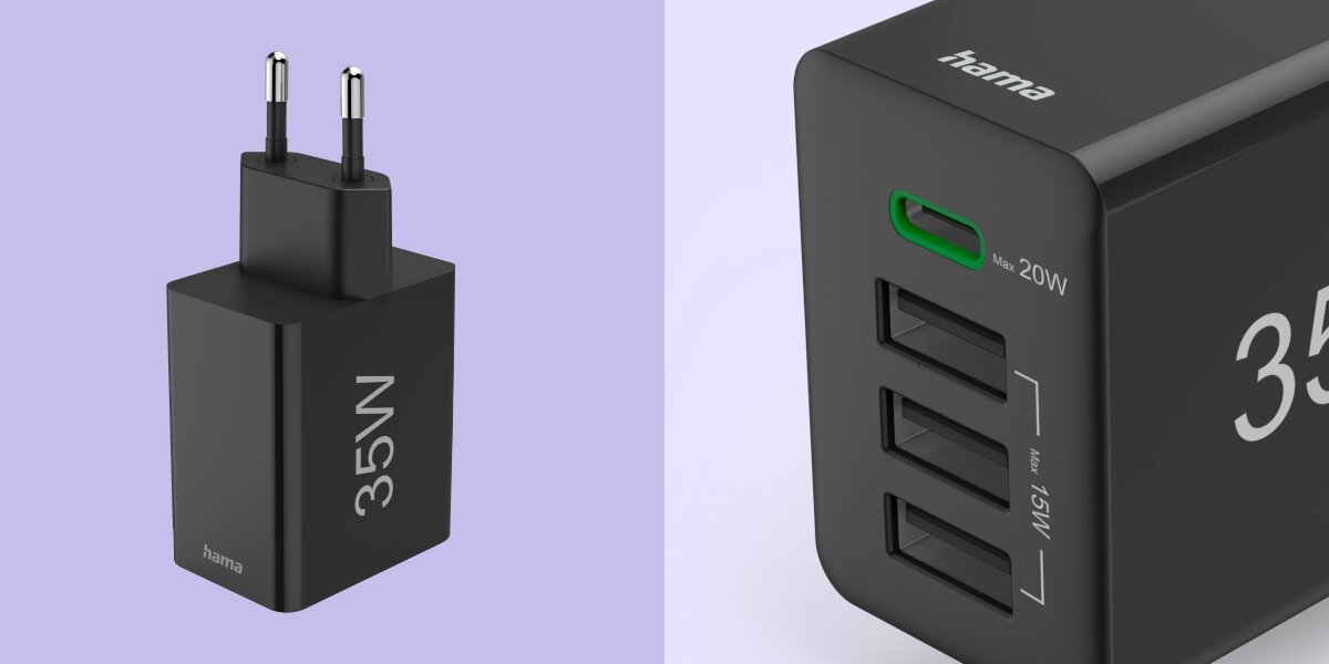 Ładowarka sieciowa HAMA Power Delivery 35W Czarny Nawet cztery urządzenia - zbliżenie na gniazdo usb c 20 W i 3 gniazda USB-A 15W