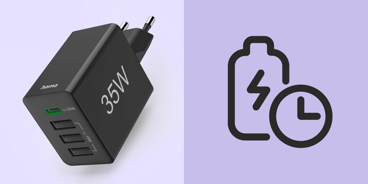 Ładowarka sieciowa HAMA Power Delivery 35W Czarny Energia w kilka chwil - widok na wszystkie gniazda i napisz z boku ładowarki 35 W