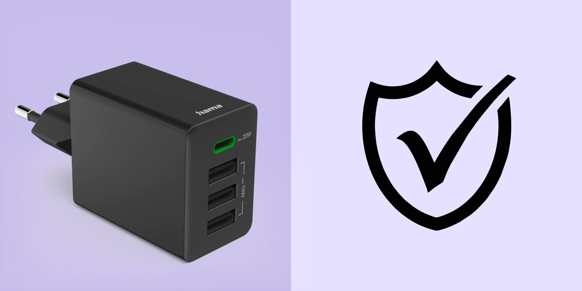 Ładowarka sieciowa HAMA Power Delivery 35W Czarny Bezpieczne użytkowanie - ładowarka ustawiona bokiem widok na gniazda usb-a i usb-c