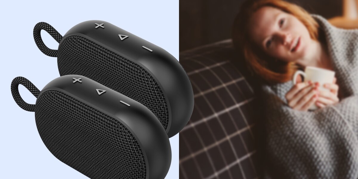 Głośnik mobilny HAMA Buddy 3.0 - Prawdziwy dźwięk stereo, dwa głośniki mobilne, kobieta trzymająca kubek
