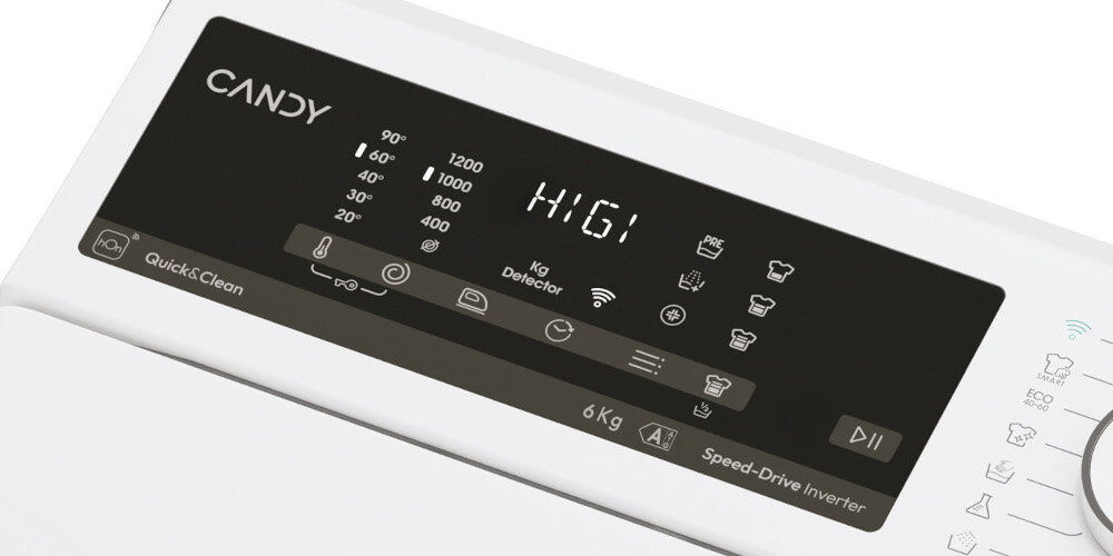 Pralka CANDY AI ProWash 500 TCA474TM5-S Wyświetlacz w języku polskim i praktyczny intuicyjny nawigacja design łatwe sterowanie wygląs styl estetyka