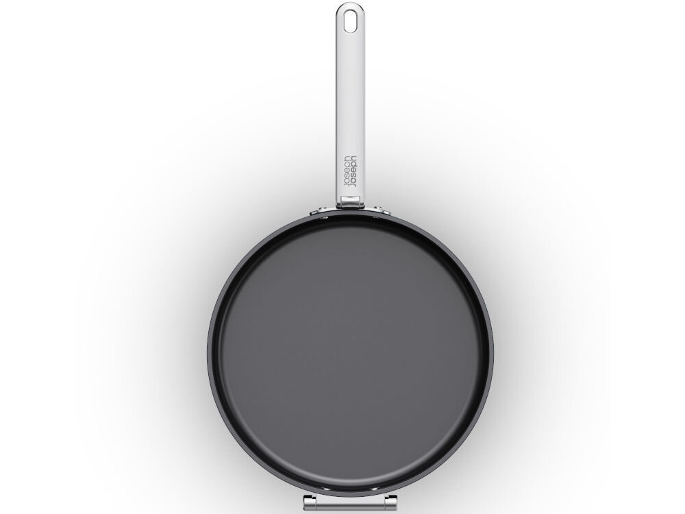 JJ-Patelnia 30cm ze składanym uchwytem Space patelnia niebieska powłoka czarne dno srebrna rączka białe tło możliwość mycia jej w zmywarce zaleca się mycie ręczne wszechstronność łatwość w utrzymaniu czystości nieodzowny element wygodne gotowanie