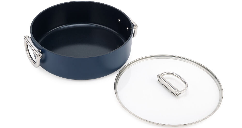 JJ-Garnek niski 28cm ze skł. uchwytami+pokr.Space garnek pokrywka metalowe uchwyty niebieska powłoka białe tło dokumentacja 