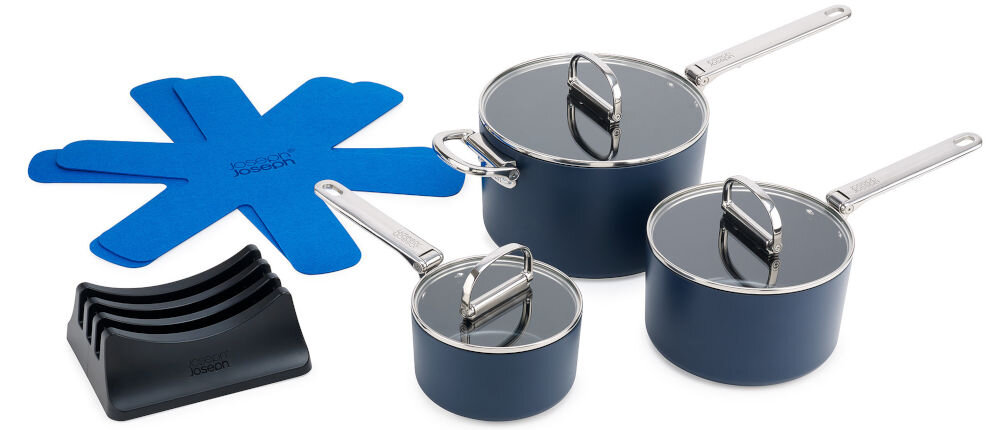 JJ-Zestaw rondli ze skł.uchwytami +pokrywk++ Space dwa podkładki stojak pokrywki trzy rondelki jeden z popokrywką srebrne uchwyty niebieska powłoka białe tło dokumentacja 